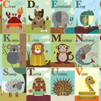 Colorful collage showing letters A to Z with cartoon animals for each letter (A for Alligator, B for Butterfly, etc.).