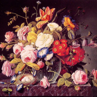 Floral Still Life with Bird Nest Needlepoint Canvas by Severin Roesen