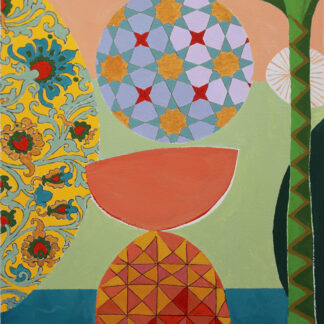 Colorful abstract collage with geometric circles, a red semicircle on a yellow triangular dome, palm tree on the right, and wavy water at the bottom.