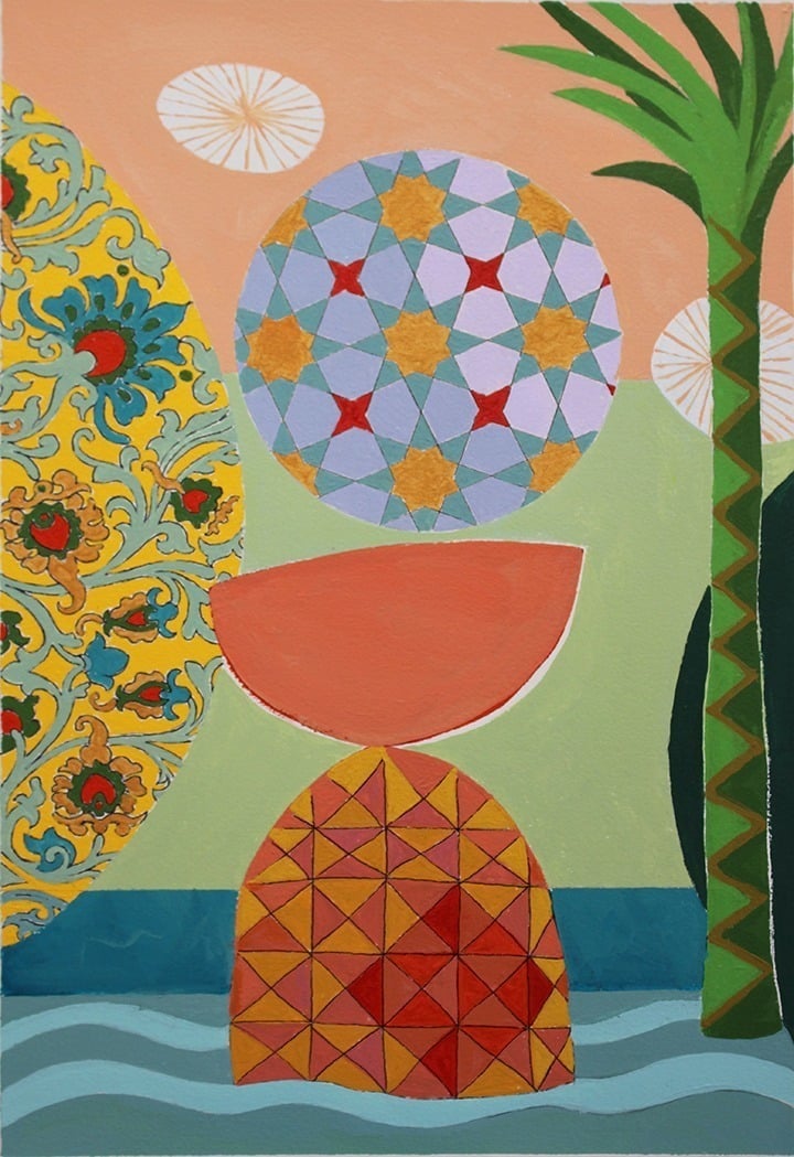 Colorful abstract collage with geometric circles, a red semicircle on a yellow triangular dome, palm tree on the right, and wavy water at the bottom.