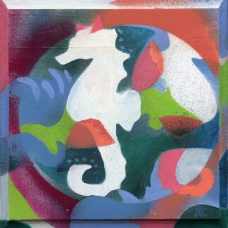 Abstract painting with bold blue, green, red, and white shapes creating a sense of motion and texture.