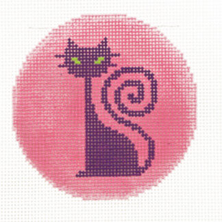 Pink circular badge featuring a cute purple monster with horns and green eyes on a bright background, like a logo.