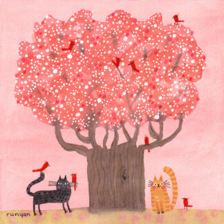 Whimsical pink illustration of a large blossoming tree with red birds among coral flowers; a black cat and a striped orange cat sit at the base, with a few small birds nearby on the ground and branches.