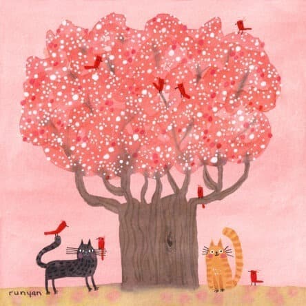 Whimsical pink illustration of a large blossoming tree with red birds among coral flowers; a black cat and a striped orange cat sit at the base, with a few small birds nearby on the ground and branches.