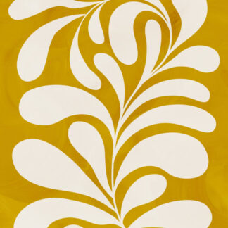 Abstract floral pattern in white on an orange background, resembling curved petals radiating from a central stem.