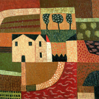 Abstract quilt-like landscape with cream houses, orange fields, and green trees; geometric shapes and warm earth tones convey a rural scene.