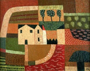 Abstract quilt-like landscape with cream houses, orange fields, and green trees; geometric shapes and warm earth tones convey a rural scene.