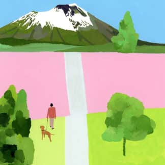 Whimsical landscape painting with a snow-capped mountain, blue sky, green fields, a pink barrier wall, and a person walking a dog along a white path.