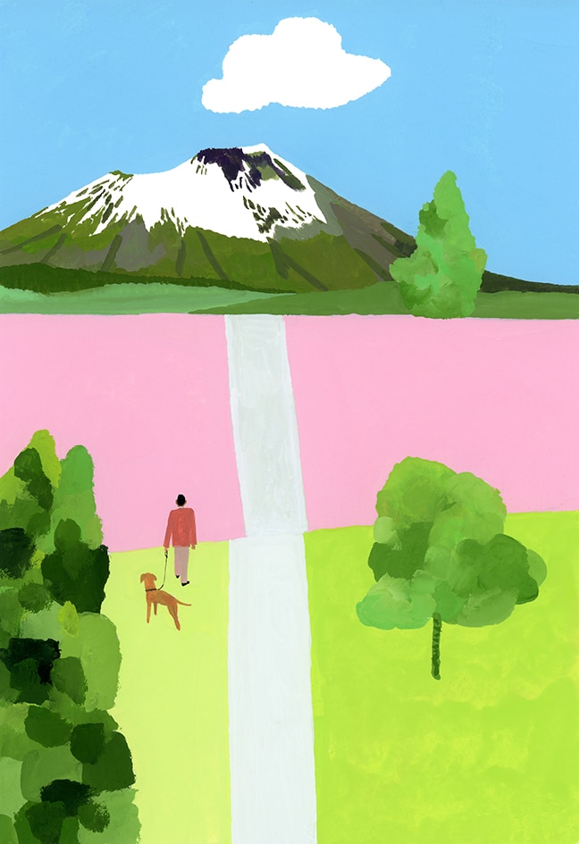 Whimsical landscape painting with a snow-capped mountain, blue sky, green fields, a pink barrier wall, and a person walking a dog along a white path.