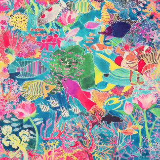 Vibrant coral reef with numerous colorful tropical fish swimming among pink coral and sea plants.