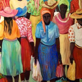 Group of dark-skinned women in bright clothing and hats standing together outdoors, carrying bags.