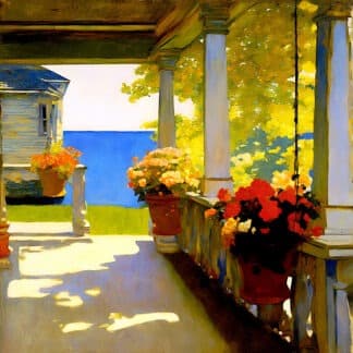 Sunlit porch with white columns and vibrant potted flowers, overlooking a blue sea.
