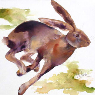 Watercolor painting of a brown rabbit mid-leap, with splashy greens in the background and long ears raised forward.