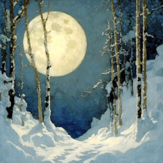 Moonlit snowy forest path between tall bare trees under a full moon