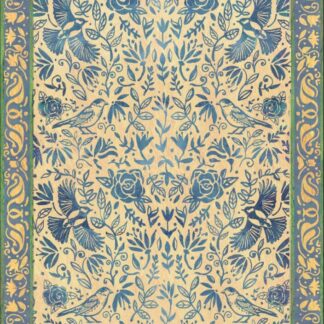 Decorative border frame with blue and gold scrollwork surrounding a blue floral pattern with birds on a beige background.