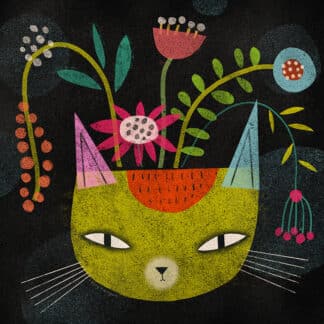 Whimsical green cat head with pink ear accents and a vibrant floral crown against a dark background.