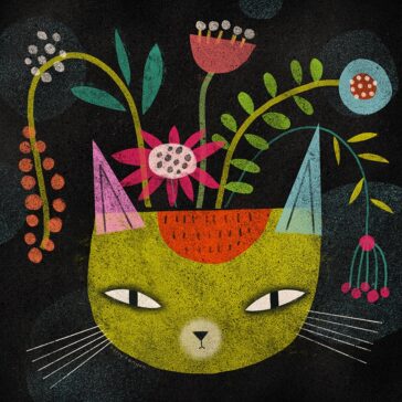 Whimsical green cat head with pink ear accents and a vibrant floral crown against a dark background.