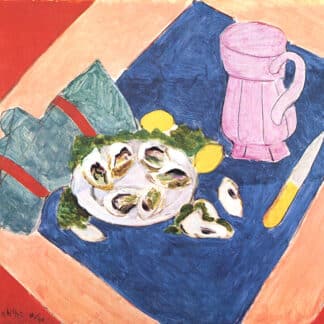 Still life: plate of oysters with lemon wedges and greens on a blue placemat, beside a pink pitcher and knife.