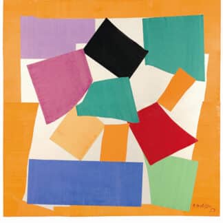 Abstract geometric painting with colorful overlapping rectangles on an orange border.