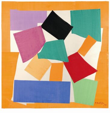 Abstract geometric painting with colorful overlapping rectangles on an orange border.