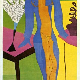 Abstract cubist painting of a blue and orange humanoid figure standing in a bright, geometric landscape with a stylized tree to the left.