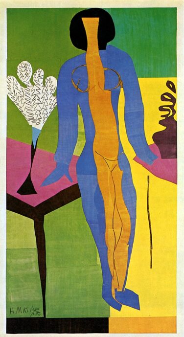 Abstract cubist painting of a blue and orange humanoid figure standing in a bright, geometric landscape with a stylized tree to the left.