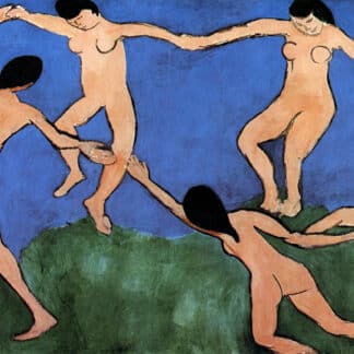 Abstract painting of five nude figures linked arm-in-arm across a green hill under a blue sky.