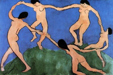 Abstract painting of five nude figures linked arm-in-arm across a green hill under a blue sky.