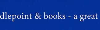Blue banner with white serif text reading "needlepoint & books - a great duo"