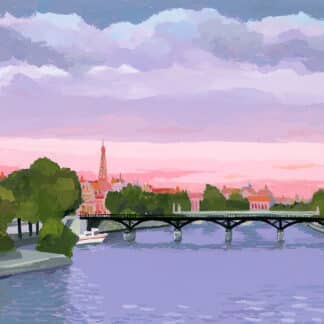 Watercolor-style river scene with a black arched bridge, green trees on both banks, and a pink-orange sunset city skyline in the distance, including a dome-shaped building on the left