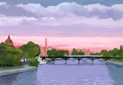 Watercolor-style river scene with a black arched bridge, green trees on both banks, and a pink-orange sunset city skyline in the distance, including a dome-shaped building on the left