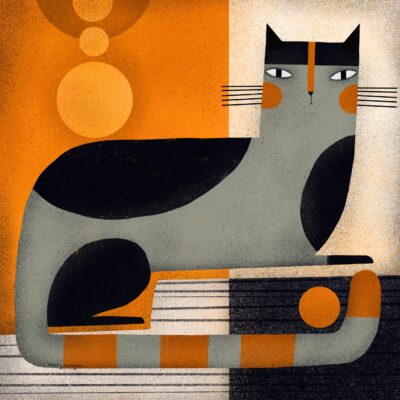 Abstract geometric illustration with a orange-gray cat-like figure on the right amid black shapes and circles in textured tones.