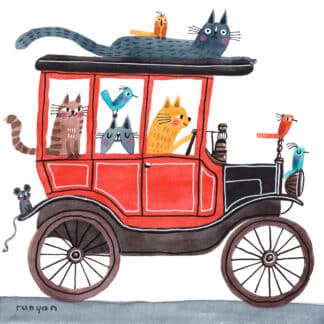 Whimsical red vintage car full of cartoon animals looking out the windows.