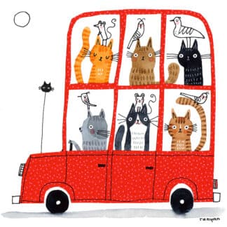 Bright red double-decker bus filled with eight playful cats looking out the windows in a whimsical illustration.