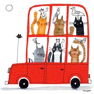 Bright red double-decker bus filled with eight playful cats looking out the windows in a whimsical illustration.