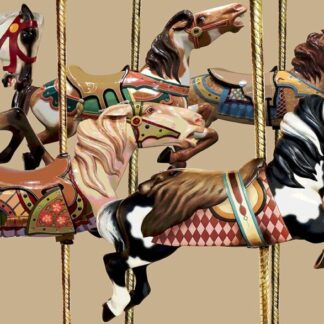 Colorful carousel horses in mid-gallop with ornate saddles and brass poles against a beige background.