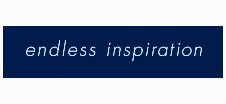 Dark blue gradient banner with the pale blue phrase “endless inspiration.” in a slanted font.",