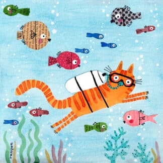 Orange tabby cat wearing goggles and a snorkel swims underwater among colorful fish and bubbles.