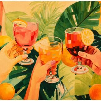 Toasts with colorful cocktails in a tropical garden setting, citrus slices on the rims and lush green leaves in the background.