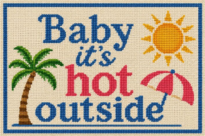 Cross-stitched sign reading 'Baby it's hot outside' with a palm tree, sun, and pink beach umbrella on a beige fabric background.