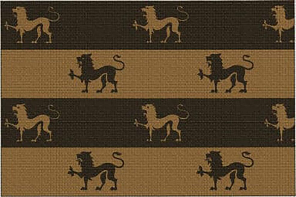 Striped fabric pattern with alternating dark brown and tan bands, each featuring a stylized lion silhouette, repeating across the textile.