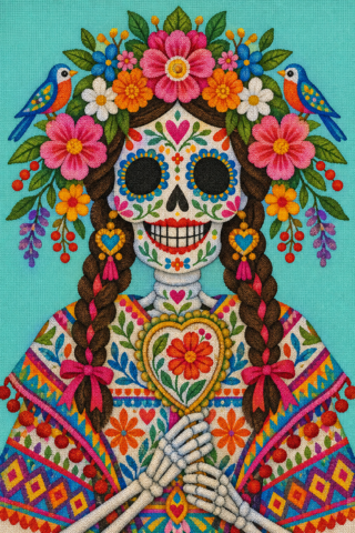 Day of the Dead Floral Sugar Skull Needlepoint Canvas